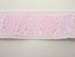 Embroidered decorative cotton ribbon with flowers - white, pink - width 4,2 cm