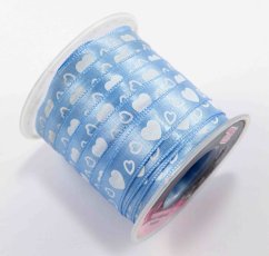Satin ribbon with hearts - blue, white - width 1cm