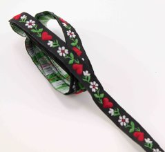 Krojová stuha - čierna s kvietkami a srdiečkami - šírka 1,2 cm