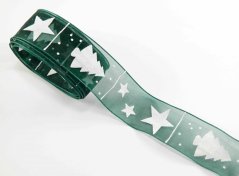 Chiffon ribbon with trees and stars - green, white - width 2.5 cm