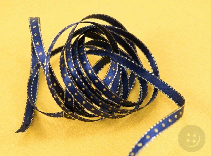 Ribbon with golden edge and dots - blue, gold - width 0,5 cm