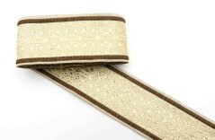 Trim with brown edge, gold embroidered on cream background - width 3.4 cm