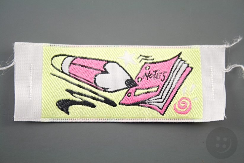 Sew-on patch Pencil with a pad - yellow, pink, black, cream - dimensions 8 cm x 3 cm