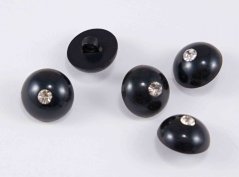 Button with rhinestone, shiny, convex, with bottom stitching - black - diameter 1.7 cm
