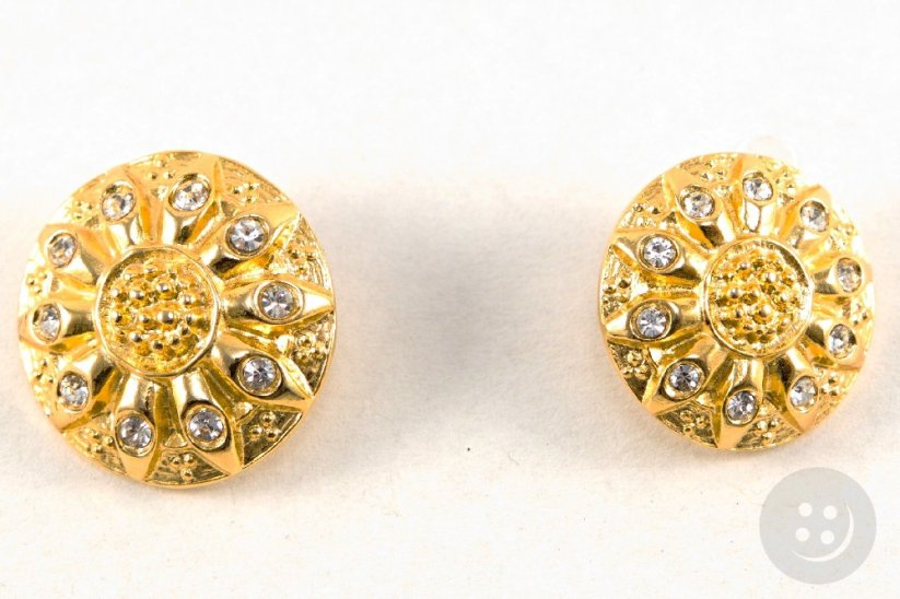 Luxusný kovový gombík - tvar slniečko, zlatá s bielymi kamienkami - priemer 2 cm