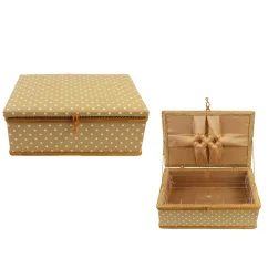 Textile box for sewing supplies - beige with cream dots - size 27.5 cm x 19 cm x 11 cm