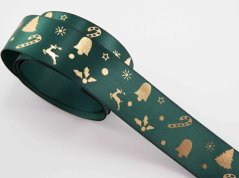 Saténová stuha vianočná - zelená so zlatými motívmi - šírka 2,6 cm