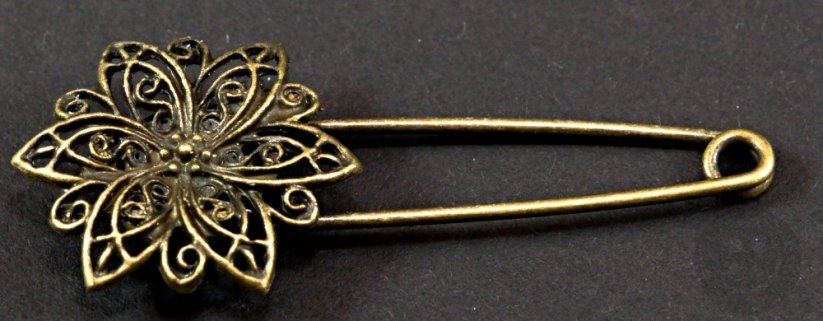 Ozdobný filigránsky špendlík s kvetinou - strieborná, tmavý kov - rozmer 2,5 cm x 6 cm