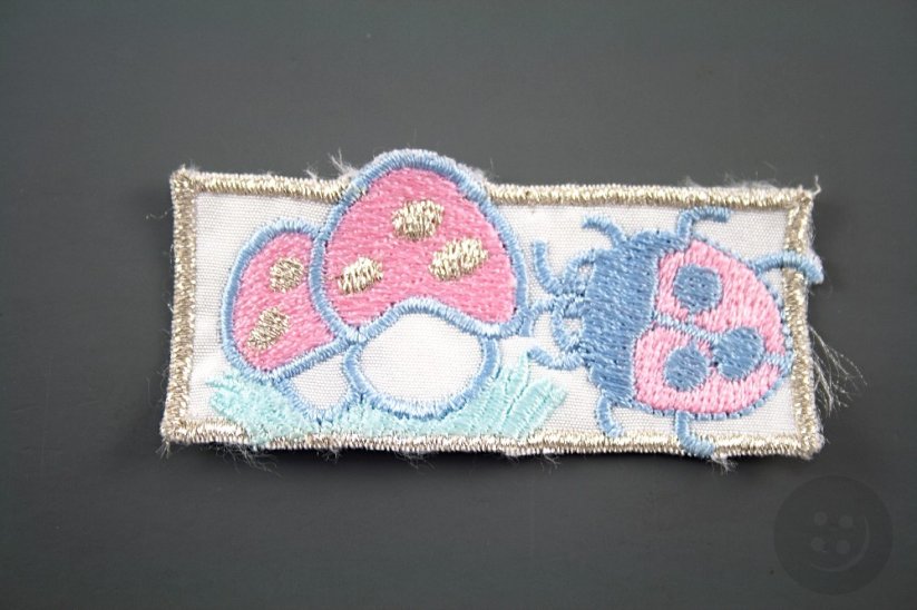 Sew-on patch with ladybug and mushrooms - blue, pink, white, gold - dimensions 2.5 cm x 5.9 cm