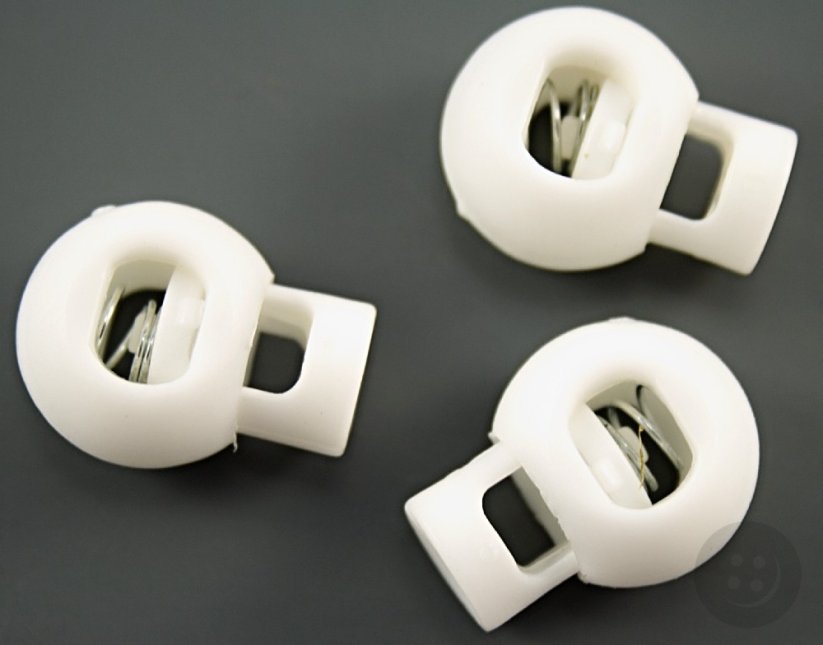 Plastic round cord lock - white - pulling hole diameter 1 cm