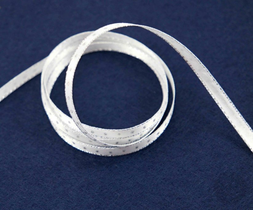Ribbon with silver edge and dots - white, silver - width 0,5 cm