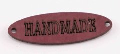 Našívací kožená cedulka Handmade - ovál - růžová - rozměr 3,5 cm x 1 cm