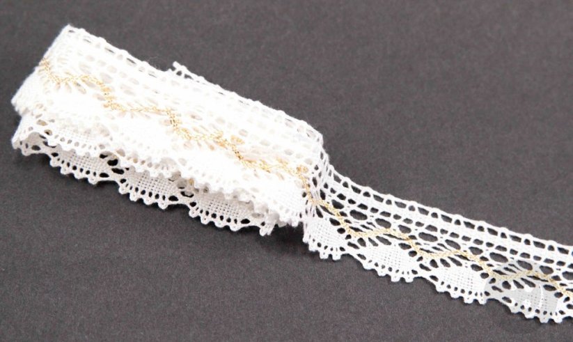 Bavlněná paličkovaná krajka - bílá a zlatá - šířka 2,7 cm