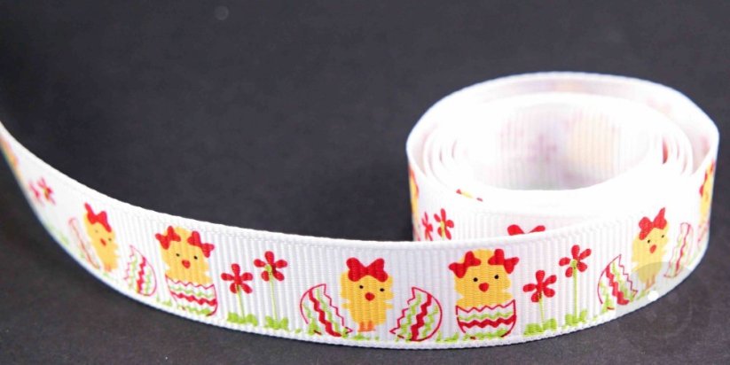 Rypsová stuha s velikonočními kuřátky - bílá, žlutá, zelená - šířka 1,6 cm
