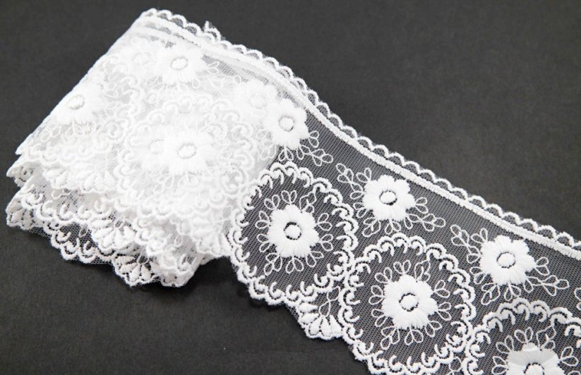 Polyester embroidered lace - white - width 6,8 cm