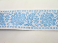 Embroidered decorative cotton ribbon with flowers - white, blue - width 4,2 cm