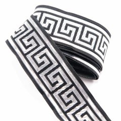Černý prýmek se stříbrným egyptským vzorem - černá, stříbrná - šíře 3,3 cm