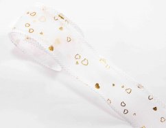 Chiffon hollow ribbon with hearts - white, gold - width 4 cm