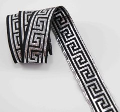 Černý prýmek se stříbrným egyptským vzorem - černá, stříbrná - šíře 2,5 cm