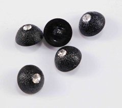 Button with rhinestone, with serrations, convex, with bottom stitching - black - diameter 1.4 cm