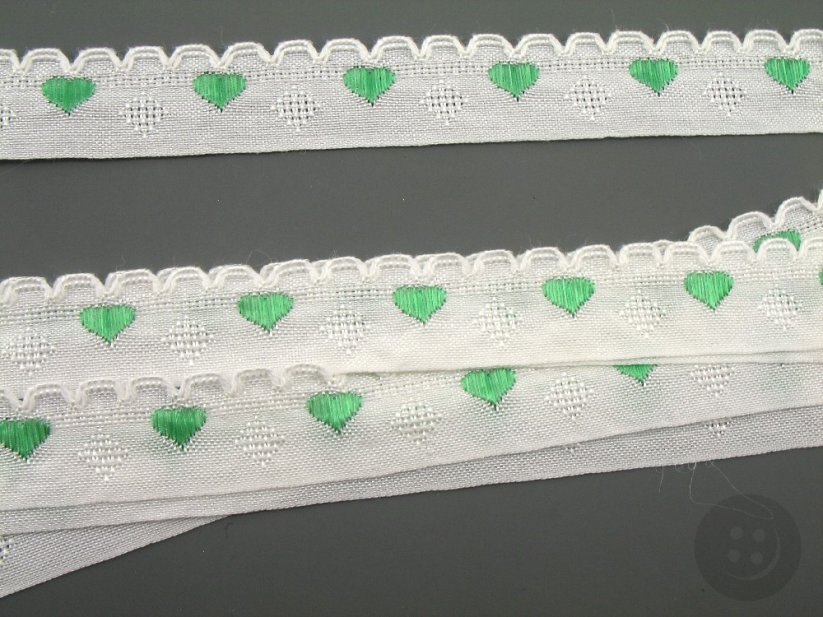 Embroidered decorative ribbon with hearts - white, green - width 1.5 cm