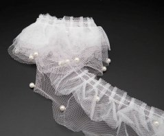 Rüschenspitze mit Perlen - doppelt - weiß - Breite 6,5 cm