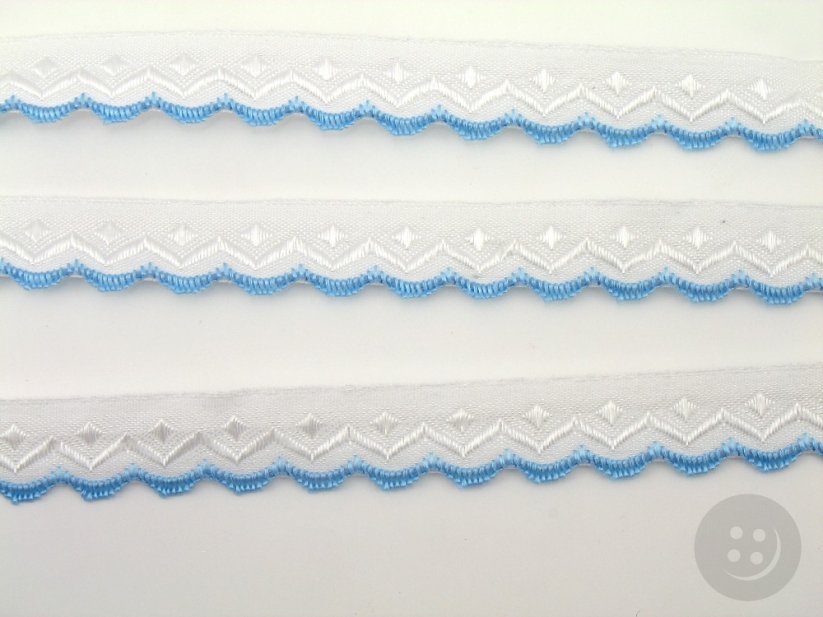 Embroidered decorative ribbon - blue, white - width 1.5 cm