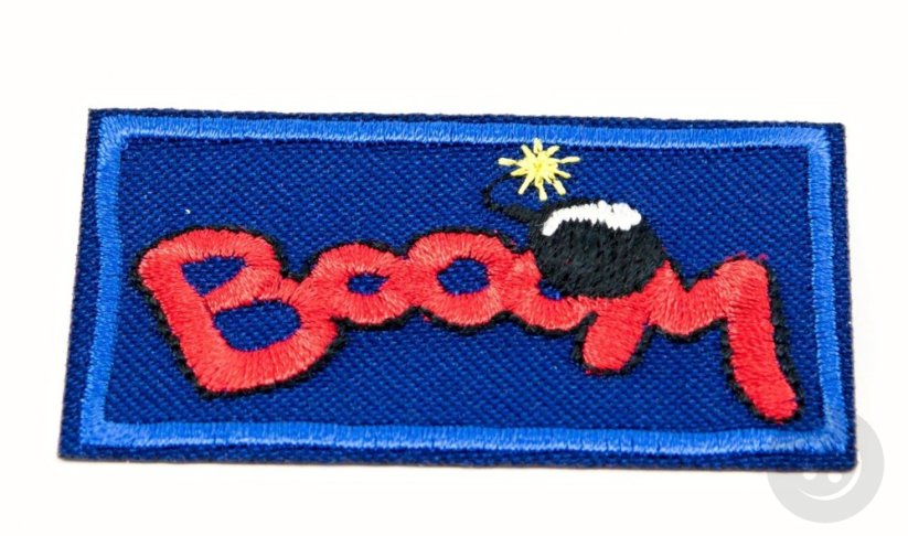 Iron-on patch - BOOOM - blue, red - dimensions 6 cm x 3.5 cm