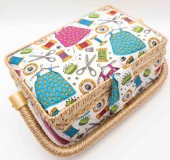 Textile cassette for sewing supplies - cream, blue, brown - dimensions 27.5 cm x 19.5 cm x 11.5 cm