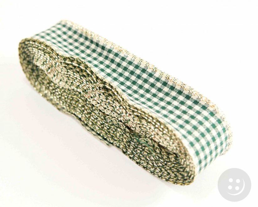 Decorative checkered ribbon - cream, green, gold - width 2.5 cm