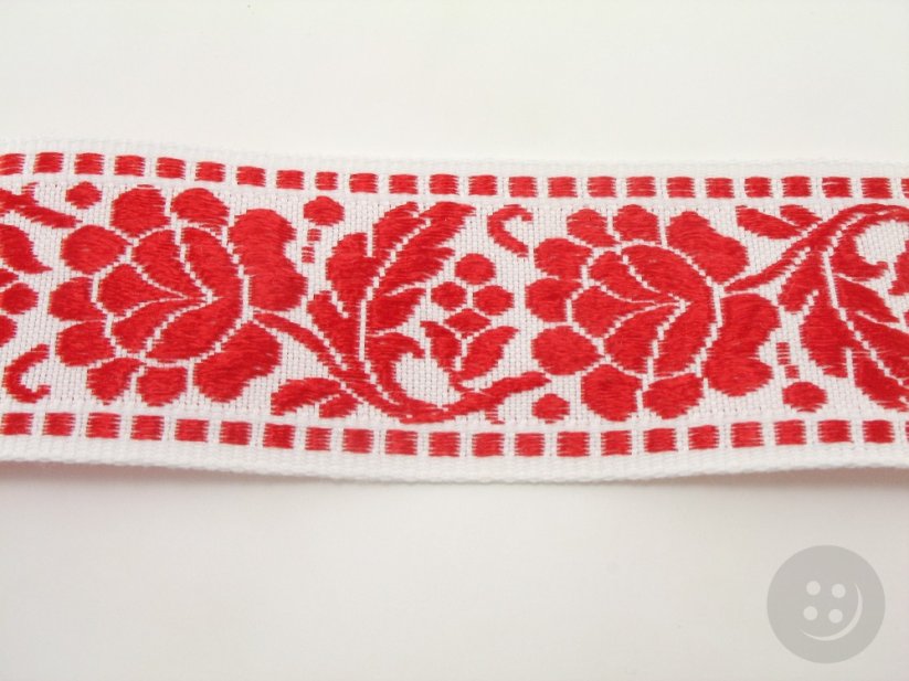 Povijanová stuha s kvetinkami - bielá, červená - šírka 4,2 cm