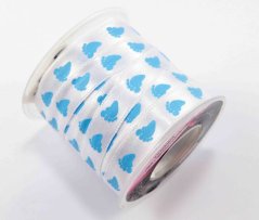 Satin ribbon with little feet - white, blue - width 1cm