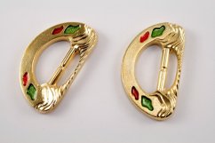 Plastic clothing buckle - gold, green, red - pulling hole width 3 cm - dimensions 6,3 cm x 3,6 cm