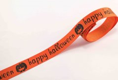 Rypsová stuha happy halloween - oranžová - šírka 1,6 cm