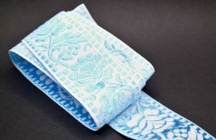 Embroidered decorative cotton ribbon with flowers - white, blue - width 4,2 cm