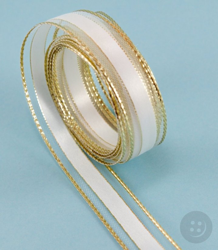 Stuha s tvarovacím drátkem - bílá, zlatá - šíře 1,5 cm