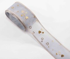 Chiffon hollow ribbon with hearts - light grey, gold - width 4 cm
