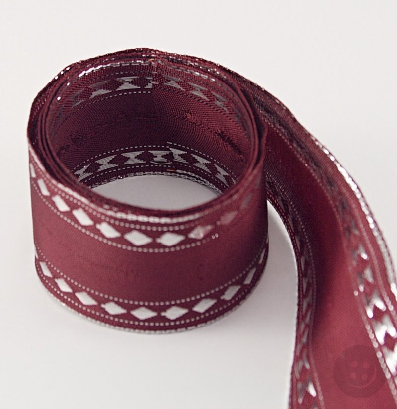 Ribbon with a silver pattern - burgundy, silver - width 4 cm