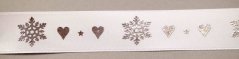 Vianočná dekoračná stuha s vločkami a srdiečkami - biela, strieborná - šírka 2,5 cm