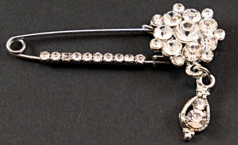 Clothing brooch with clear crystal - black, silver - size 5.5 cm x 4 cm