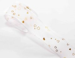 Chiffon hollow ribbon with hearts - white, gold - width 4 cm