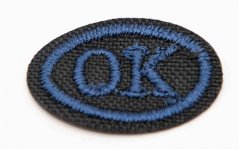 Iron-on patch - OK - black blue - size 2 cm x 1.5 cm