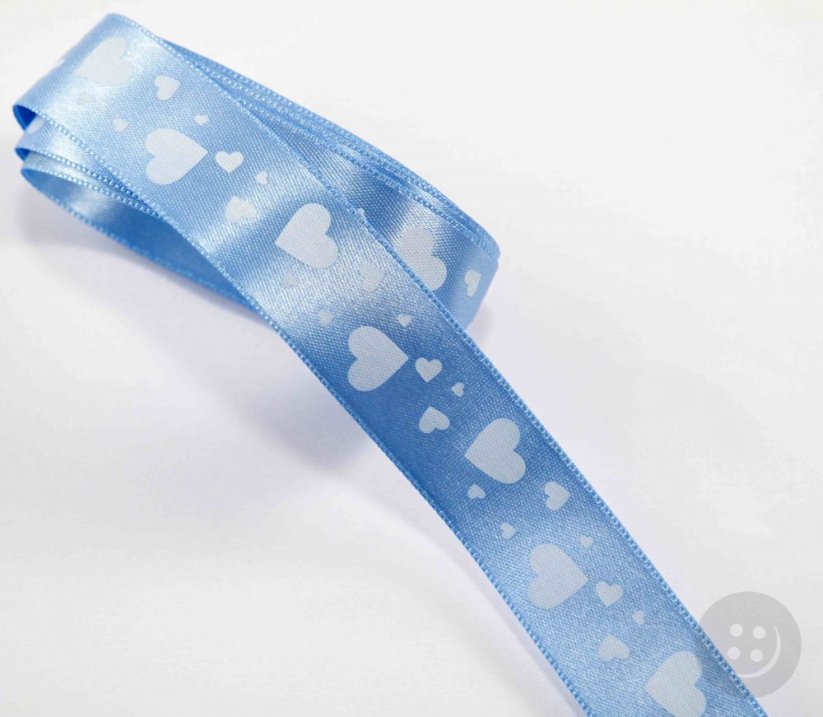 Satin ribbon with hearts - blue, white - width 2 cm