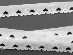 Embroidered decorative ribbon with hearts - white, black - width 1.5 cm