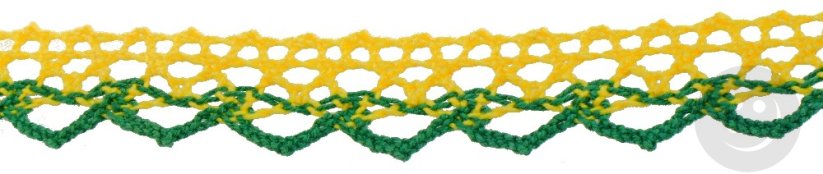 Bavlněná paličkovaná krajka - zelená a žlutá - šířka 1,6 cm