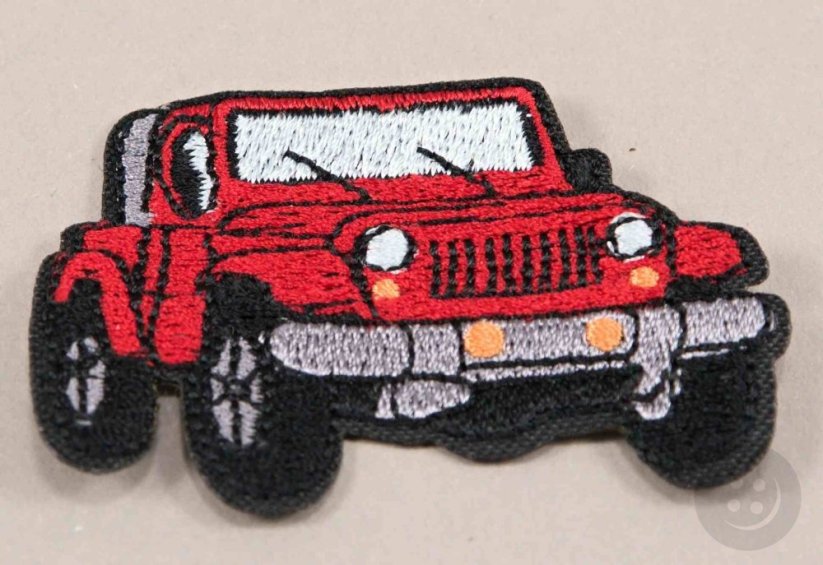 Iron-on patch - off-road car - dimensions 6 cm x 4 cm - red, khaki, orange, blue, black