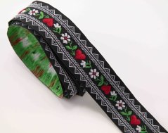 Festive ribbon - black with flowers and hearts - width 2.5 cm