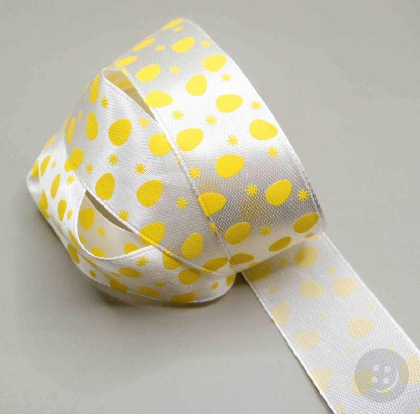 Satin ribbon with yellow eggs - white - width 2.5 cm