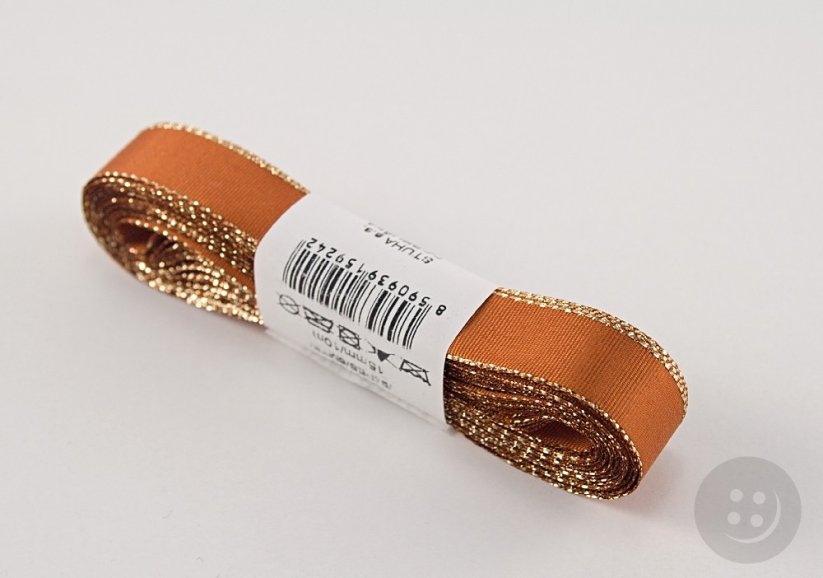 Taffeta ribbons with gold edge - brown, gold - width 0.6 cm - 4 cm