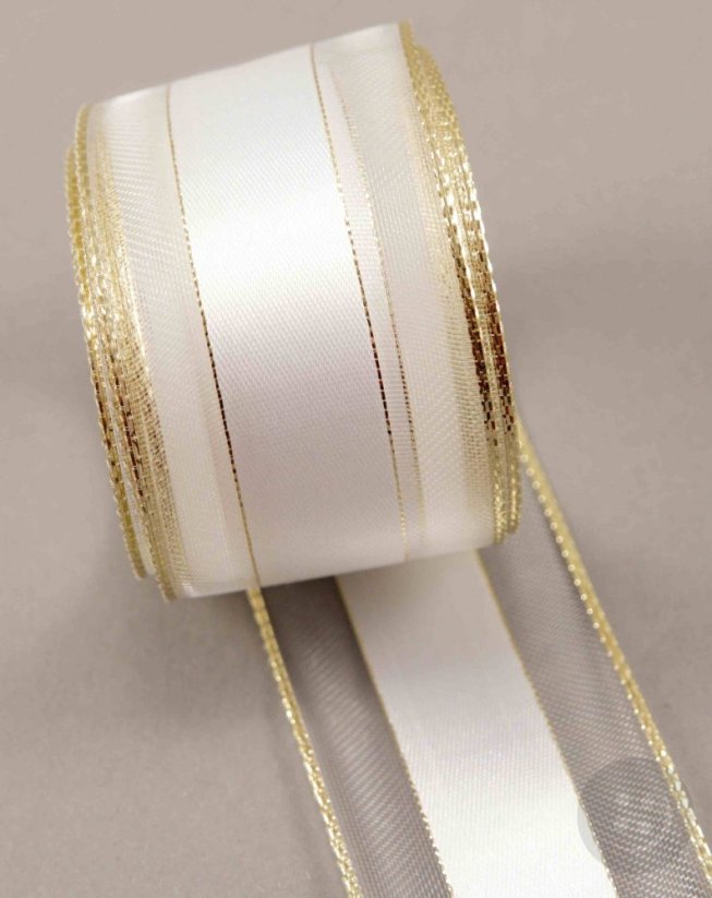 Stuha s tvarovacím drôtikom - biela, zlatá - šírka 4 cm
